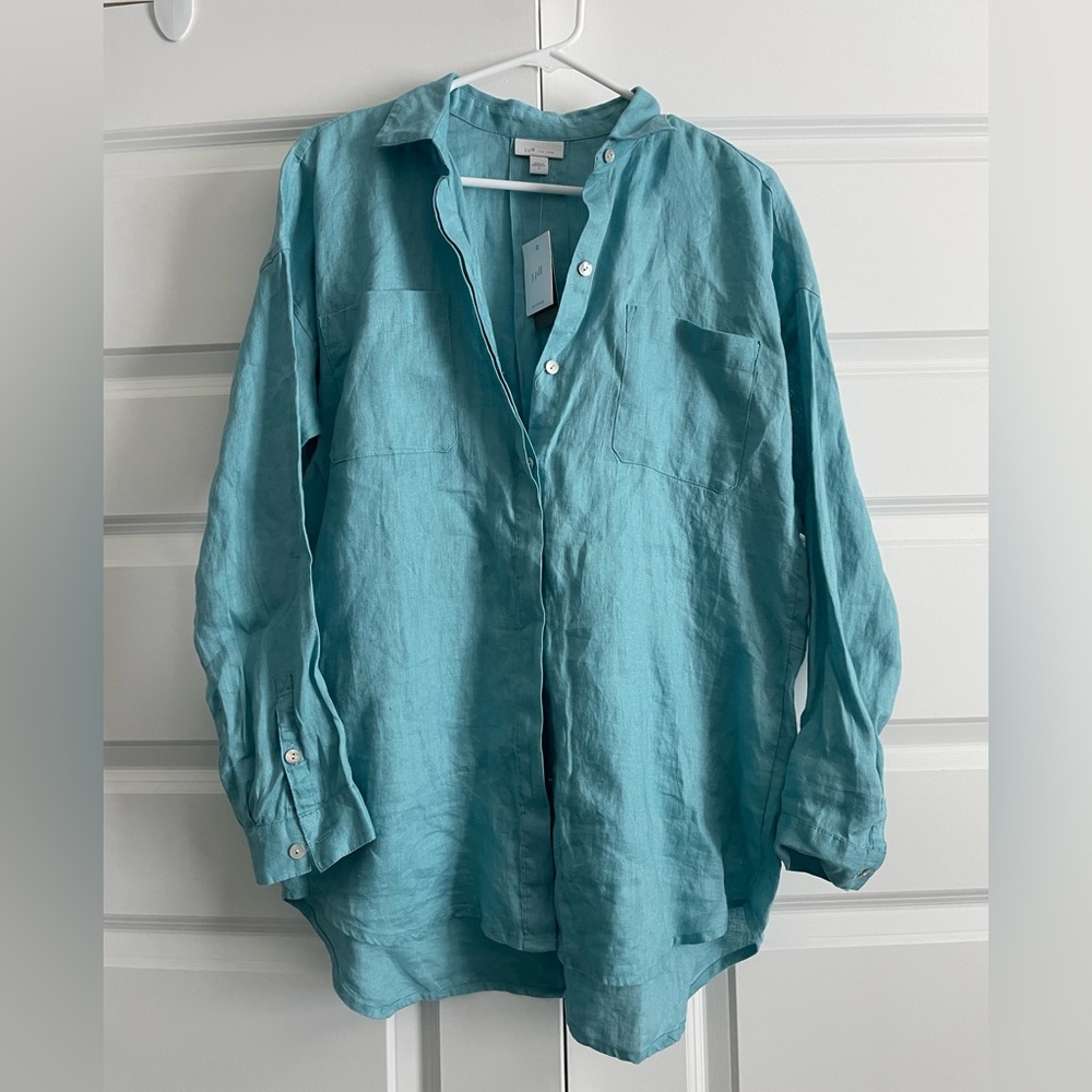 NWT J. Jill Love Linen Teal Button Down Shirt 100% Linen Small